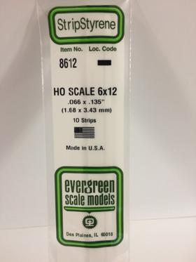 Evergreen 8612 Strips, HO Scale 6 x 12, .066" x .135" (1.68 mm x 3.43 mm) (10 Pieces) - House of Trains