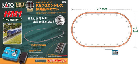 Kato 3-105 HO, HM1 Basic Oval Track Set, Unitrack, Includes Power Pack, 54.75" x 93.15" - House of Trains