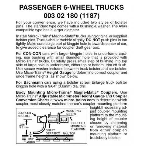 Micro Trains 003 02 180 N Passenger 6-Wheel Trucks, With 36" Wheels, Without Couplers Black - House of Trains