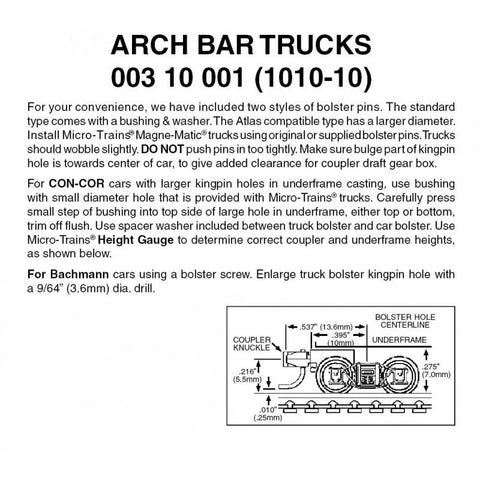 Micro Trains 003 10 001 (1010-10) N, 10 Pair, Bulk Pack, Arch Bar Trucks, Short Extension Couplers - House of Trains