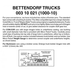 Micro Trains 003 10 021 (1000-10) N, 10 Pair, Bulk Pack, Bettendorf Trucks with Short Extension - House of Trains