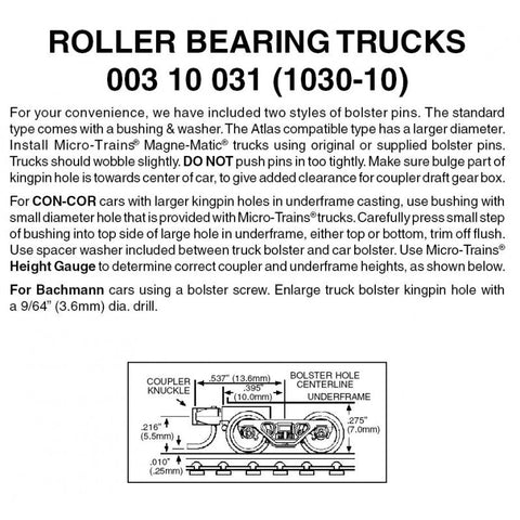 Micro Trains 003 10 031 (1030-10) N, 10 Pair, Bulk Pack, Roller Bearing Trucks with Short Extension - House of Trains