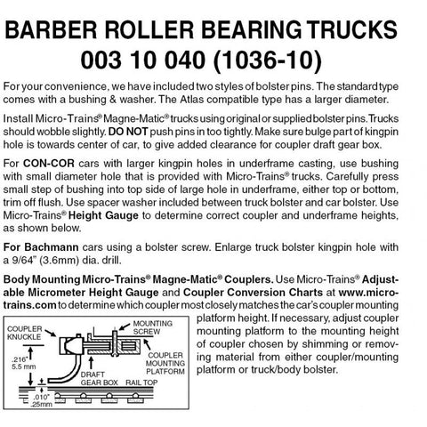 Micro Trains 003 10 040 (1036-10) N, 10 Pair, Bulk Pack, Barber Roller Bearing Trucks, No Coupler - House of Trains