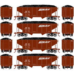 Roundhouse 1042 HO 34' 2 Bay Ribbed, Open Hopper, Coal Load, 4-Pack, BNSF - House of Trains
