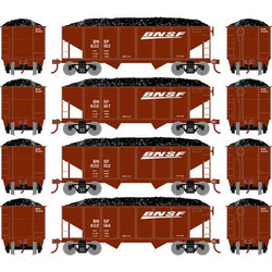 Roundhouse 1043 HO 34' 2 Bay Ribbed, Open Hopper, Coal Load, 4-Pack, BNSF - House of Trains