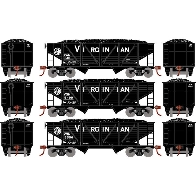 Roundhouse 70806 HO 34' 2 Bay Composite Hopper, Coal Load, 3-Pack, Virginian - House of Trains