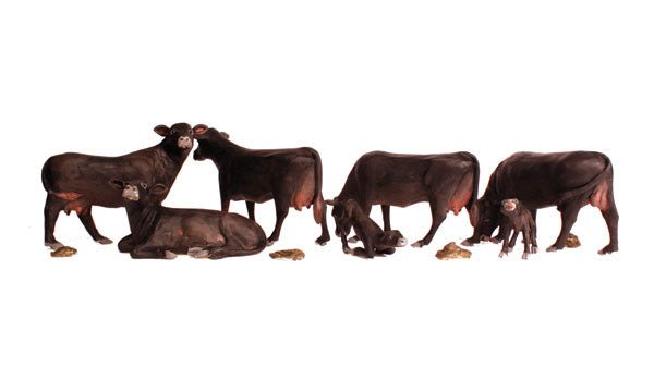 Woodland Scenics 1955 HO, Black Angus Cows, 7 Cows, 4 Pies - House of Trains