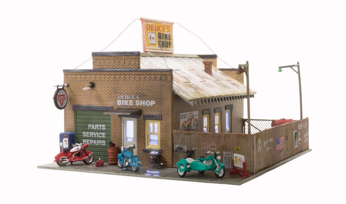 Woodland Scenics 5045 HO, Deuce's Bike Shop, Just Plug LED, Built and Ready - House of Trains