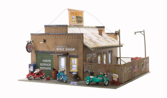 Woodland Scenics 5045 HO, Deuce's Bike Shop, Just Plug LED, Built and Ready - House of Trains